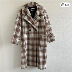 Mango Plaid Coat in Brown and Cream